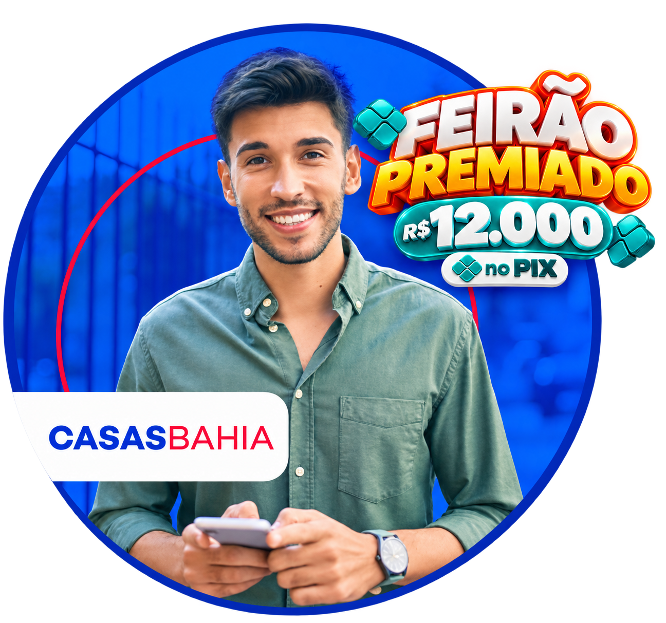 Homem sorrindo segurando celular, com logo da Casas Bahia sobre fundo azul.