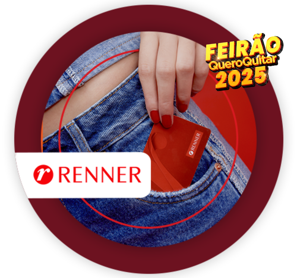 Uma mão feminina, puxando um cartão Renner do bolso da calça jeans.